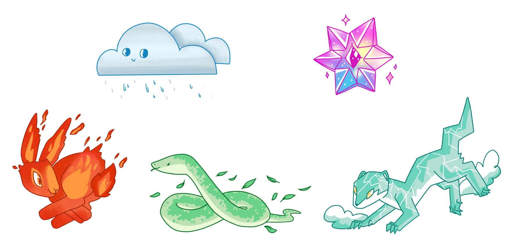 Examples of wisp companions such as a fire themed rabbit and an overgrowth themed snake.