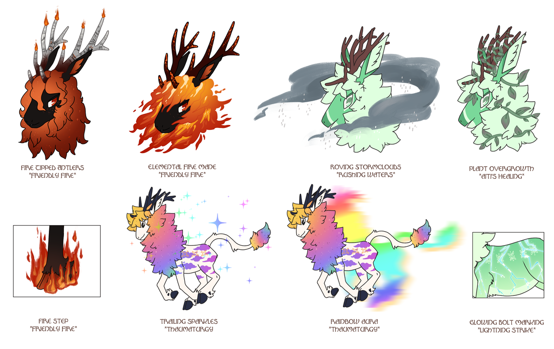 Examples of elemental traits such as flame tipped antlers, flaming mane, trailing sparkles, etc.